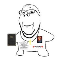 bible christianity full_body glasses hair heart holding_book holding_object jesus sacred_heart smile soyjak stubble subvariant:wholesome_soyjak teeth text variant:gapejak // 1000x1000 // 196.4KB