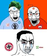 4chan 4soyjaks angry antenna badge black_lives_matter bloodshot_eyes blue_background blue_shirt clothes crying glasses green_hair hair mustache open_mouth orange_background pol_(4chan) raised_fist_(symbol) red_eyes red_shirt reddit redditard soyjak stubble tshirt twitter twitter_checkmark variant:chudjak variant:el_perro_rabioso variant:feraljak variant:snoojak // 1162x1388 // 753.3KB