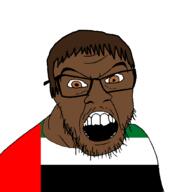 brown_eyes brown_hair brown_skin clothes country flag flag:united_arab_emirates glasses hair open_mouth soyjak stubble united_arab_emirates variant:feraljak // 1500x1500 // 32.5KB