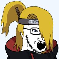 akatsuki akatsuki_uniform anime artist:hellcat blue_eyes cloak clothes deidara_(naruto) forehead_protector glasses hair headband iwagakure_symbol long_hair naruto_(series) open_mouth ponytail soyjak stubble transparent_background variant:soyak yellow_hair // 916x912 // 118.0KB