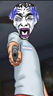 arm balding blue_hair crying gun hair hand holding_gun holding_object holding_pistol makeup open_mouth pistol soyjak stubble tranny variant:rupturejak // 379x685 // 54.7KB