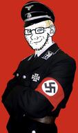 armband blue_eyes closed_mouth clothes ear glasses hair military_uniform nazism schutzstaffel smug soyjak stubble swastika variant:soyak yellow_hair // 1197x2034 // 924.7KB