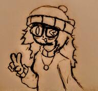 art beanie clothes drawing female hair open_mouth peace_sign soyjak traditional_media variant:soytan wink // 1635x1516 // 505.4KB