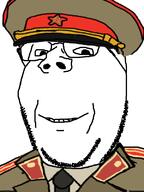 closed_mouth clothes communism ear glasses hair hammer_and_sickle hat kgb necktie smirk soyjak stubble subvariant:wholesome_soyjak uniform variant:gapejak // 600x800 // 152.4KB