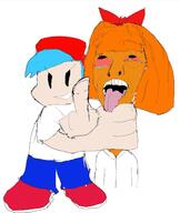 anti_ongezellig bloodshot_eyes blue_hair bowtie boyfriend_(friday_night_funkin') cap cartoon clothes crying female friday_night_funkin' full_body hat holding_object holding_severed_head middle_finger mymy_(ongezellig) oekaki ongezellig open_mouth orange_hair orange_skin redraw severed_head soyjak strangling tongue tshirt variant:bernd // 1303x1547 // 251.9KB