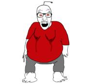 angry arm clothes fat foot full_body glasses hand obese open_mouth orange_eyes reddit thick_eyebrows tshirt variant:feraljak // 900x804 // 98.6KB