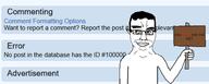 chud comic_sans error front_facing holding_object holding_sign looney_tunes pointing_up red_text rolling_eyes sign smile smug soybooru subvariant:chudjak_front variant:chudjak you_will // 1678x670 // 313.8KB