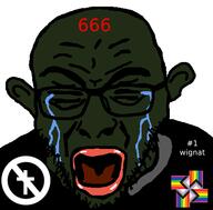 atheism black_shirt black_skin brown_skin christianity closed_eyes clothes cross crying flag:progress_pride_flag glasses mutt open_mouth soyjak stubble variant:rupturejak wignat // 423x416 // 20.1KB