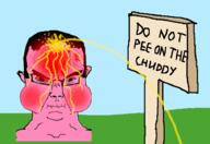 angry bloodshot_eyes blush chud closed_mouth crying distorted ear glasses grass lips outside pink_skin piss red_skin sign sky soyjak subvariant:chudjak_front text variant:chudjak vein // 909x627 // 159.9KB