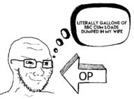 bald bbc closed_mouth glasses op smile smug soyjak speech_bubble stubble text variant:soyak // 680x505 // 20.1KB