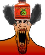ear flavorjak fume glasses hot_sauce open_mouth red_skin sharp_teeth soyjak stretched_mouth stubble sweating variant:markiplier_soyjak // 900x1100 // 397.2KB