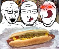 3soyjaks glasses glowing_eyes hotdog open_mouth red_eyes stubble subvariant:wholesome_soyjak tongue variant:gapejak variant:soyak variant:unknown // 1600x1338 // 2.1MB