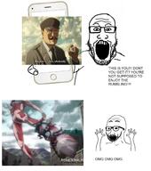 2soyjaks anime attack_on_titan clothes excited foot glasses hand hands_up open_mouth phone soyjak stubble variant:excited_soyjak variant:markiplier_soyjak // 1440x1624 // 1.2MB
