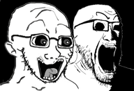 2soyjaks black_background black_eyes ear glasses happy looking_to_the_right meta:not_oc ominous open_mouth shocked stubble subvariant:doctos tongue tongue_out variant:darkiplier variant:soyak // 565x386 // 113.5KB