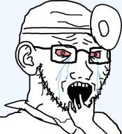 bald bloodshot_eyes clothes crying doctor ear glasses hand horrified shocked soyjak stubble subvariant:crying_soyak_ears2 tear variant:soyak // 698x768 // 24.8KB