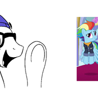 animated applejack arm beanie blacked brown_eyes clothes glasses hand hands_up hat himedanshi my_little_pony open_mouth pony rainbow_dash soy_parody soyjak stubble variant:excited_soyjak yuri // 2677x1100 // 281.4KB