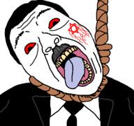 ack bashar_alassad blood clothes hair hanging judaism mustache open_mouth rope star_of_david suit syria syrian_civil_war teeth tongue tongue_out variant:bernd // 768x719 // 24.2KB