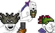 3soyjaks angry armor book demon_scythe glasses glowing_eyes glowing_glasses gun hand holding_object holding_sword magic minishark multiple_soyjaks mustache night_edge open_mouth smile smug soyjak stubble subvariant:pettygod sword terraria variant:cobson variant:feraljak variant:soyak weapon // 1362x833 // 130.5KB