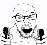angry animated arm firearm glasses gun hand holding_gun holding_object holding_pistol mustache open_mouth pistol pointing pointing_at_viewer shooting soyjak stubble variant:feraljak // 568x542 // 2.4MB