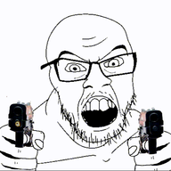 angry animated arm firearm glasses gun hand holding_gun holding_object holding_pistol mustache open_mouth pistol pointing pointing_at_viewer shooting soyjak stubble variant:feraljak // 568x542 // 2.4MB