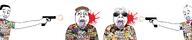 1960s 1980s 2000s 2010s ack baby bald blood blue_tongue boomer brown_hair chud gen_alpha generation glasses gray_hair gun gunshot hair holding_gun holding_object millenial millennial murder open_mouth pacifier pistol red_eyes series:chud's_hitman smile sunglasses variant:bernd variant:chudjak zoomer // 2453x513 // 580.4KB
