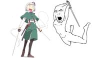 anime bowtie clothes full_body glasses grey_hair hair holding_object holding_sword imminent_death jump konpaku_youmu open_mouth soyjak stubble subvariant:pettygod sword touhou variant:cobson variant:youmujak video_game weapon white_skin // 1166x708 // 243.0KB