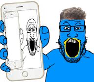beak beard blue_skin glasses hair hand holding_object holding_phone open_mouth phone series:x_inmigrants showing_phone twitter twitter_immigrant variant:markiplier_soyjak x xitter xitter_immigrant // 2160x1884 // 1.1MB