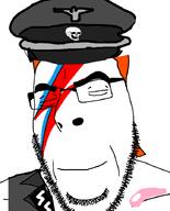 cap closed_eyes closed_mouth clothes david_bowie face_paint glasses hat nazism orange_hair schutzstaffel smile soyjak stubble uniform variant:cobson // 721x891 // 1.8MB