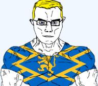 animal arm aryan blue_eyes british buff closed_mouth clothes ear east_lothian flag flag:east_lothian glasses hair lion scotland soyjak subvariant:chudjak_front subvariant:muscular_chud tshirt united_kingdom variant:chudjak vein yellow_hair // 1059x929 // 146.0KB