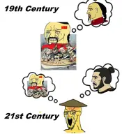 beard bloodshot_eyes booger british brown_hair bun china clenched_teeth clothes crying flag:china germany glasses gook hair_bun knife lips mustache nas:wojak nas:yes_chad neck nose open_mouth queen_victoria red_shirt straw_hat stubble teeth variant:soyak white_skin yellow_skin // 3074x3371 // 686.5KB