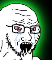 bloodshot_eyes crying glasses glowing hand open_mouth soyjak stubble trend:glowie variant:soyak // 412x471 // 101.2KB
