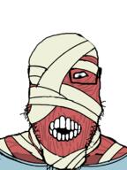 bandage blue_eyes clothes eyes_like_the_mer-cur-y flesh glasses gore mouthwash_(game) open_mouth soyjak stubble teeth variant:markiplier_soyjak // 600x800 // 69.5KB