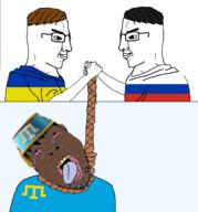 3soyjaks bloodshot_eyes chud crimea crimean crimean_tatar flag:crimean_tatar flag:russia flag:ukraine handshake holding_object rope russia soybooru soyjak_party ukraine variant:bernd variant:chudjak // 1560x1677 // 567.4KB