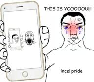 3soyjaks anger_mark angry arm blush closed_mouth clothes crying glasses hair hand holding_object holding_phone incel iphone open_mouth phone screen small_head soyjak stubble subvariant:chuddy subvariant:phoneplier subvariant:phoneplier_vertical text tshirt variant:chudjak variant:markiplier_soyjak // 1000x872 // 367.4KB