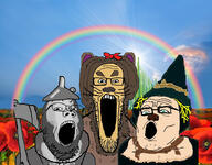 3soyjaks animal axe bowtie brown_skin clothes cloud ear emerald_city flower funnel glasses green_eyes grey_skin hat irl_background lion metal open_mouth plant poppy rainbow rope scarecrow sky snout soyjak soyjak_trio stubble sun the_wizard_of_oz tin_man variant:gapejak variant:markiplier_soyjak variant:tony_soprano_soyjak whisker // 1290x1008 // 950.9KB