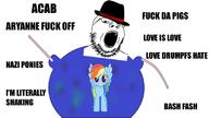 Love_is_love acab antifa arm aryanne_(pony) bash_the_fascist clothes donald_trump fat fedora fuck glasses hat love_trumps_hate my_little_pony nazism neckbeard open_mouth rainbow_dash shaking soyjak stubble text variant:gapejak // 800x450 // 154.3KB