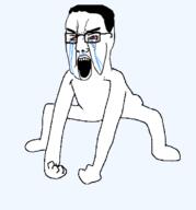 animated arm bloodshot_eyes crying full_body glasses hair hand leg monkey_dance open_mouth soyjak subvariant:chudjak_front tongue variant:chudjak yellow_teeth // 570x612 // 212.5KB