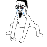 animated arm bloodshot_eyes crying full_body glasses hair hand leg monkey_dance open_mouth soyjak subvariant:chudjak_front tongue variant:chudjak yellow_teeth // 570x612 // 212.5KB