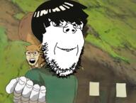 2soyjaks angry animal anime brown_eyes clothes glasses hair hand jumpsuit naruto_(series) open_mouth rock_lee smile soyjak stubble subvariant:wholesome_soyjak trend:squirreljakking variant:feraljak variant:gapejak // 1429x1080 // 1.1MB