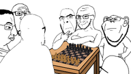artist:Apollo back bald black_hair chess chessboard closed_mouth cross crossed_arms ear full_body glasses hair hands_on_waist looking_at_each_other looking_away looking_back mouth_closed multiple_soyjaks neutral observing side_profile smirk smug stubble subvariant:neutralplier subvariant:soyak_(smug) subvariant:threefourthsplier table thinking variant:chudjak variant:cobson variant:feraljak variant:gapejak variant:impish_soyak_ears variant:markiplier_soyjak variant:soyak white_background // 1920x1080 // 66.9KB