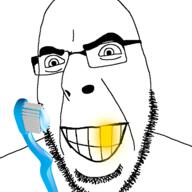 closed_mouth glasses glowing golden_tooth grin soyjak stubble toothbrush variant:cobson // 721x720 // 104.0KB