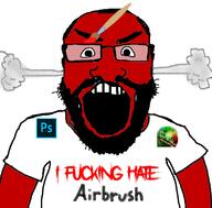 adobe airbrush angry arm balding beard clothes fuck fume glasses hair i_hate open_mouth paint paint_tool_sai paintbrush photoshop red red_skin soyjak subvariant:science_lover swearing text tshirt variant:markiplier_soyjak // 800x789 // 241.5KB