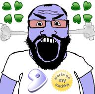 4chan GNULinux angry balding beard clothes fume g_(4chan) gentoo glasses hair open_mouth purple_skin soyjak subvariant:science_lover technology tshirt variant:markiplier_soyjak works_on_my_machine // 800x789 // 239.4KB