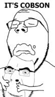 2soyjaks arm cannibalism closed_eyes closed_mouth frown glasses hand holding_object its_over smile smug soyjak stubble subvariant:wholesome_soyjak text variant:cobson variant:gapejak // 600x1053 // 17.4KB