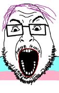 eyebrows glasses lipstick mustache purple_hair soyjak stubble teeth tranny variant:fortson // 458x720 // 11.3KB