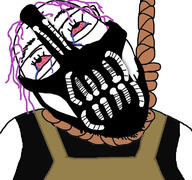 bane batman_(series) bloodshot_eyes bulletproof_vest clothes crying dc_comics dead glasses hair hanging purple_hair respirator rope soyjak stubble suicide the_dark_knight_rises tranny tv_(4chan) variant:bernd // 768x719 // 194.8KB