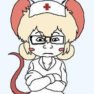 blond closed_mouth clothed ear female front_facing glasses medical mouse neutral nurse nurse_hat nurse_uniform red_cross soyjak subvariant:neutralplier terrible_mouse variant:markiplier_soyjak white_fur yellow_sclera // 1024x1024 // 48.3KB