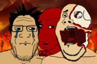 2soyjaks are_you_soying_what_im_soying blood blood_from_forehead blood_from_mouth blood_on_face closed_mouth crying dangling_eye deep_wound demon drawn_background exposed_bone exposed_muscle eyeball glasses gore groomer hair hand hell horror mutilation open_mouth red_skin sad screaming skull soyjak stubble subvariant:wholesome_soyjak the_binding_of_isaac tongue variant:gapejak variant:markiplier_soyjak volcano white_skin wojak // 720x480 // 1.3MB