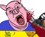 animal animal_abuse blood bloodshot_eyes chainsaw clothes crying ear flag glasses gynaecomastia nipple oink open_mouth pig pink_skin russo_ukrainian_war snout soyjak subvariant:chainsaw_bernd tongue ukraine variant:gapejak yellow_teeth // 1574x1290 // 577.3KB