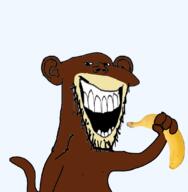 animal arm banana ear hand holding_object laughing monkey open_mouth series:animaljaks soyjak stubble subvariant:splicejak variant:impish_soyak_ears // 1070x1093 // 232.2KB